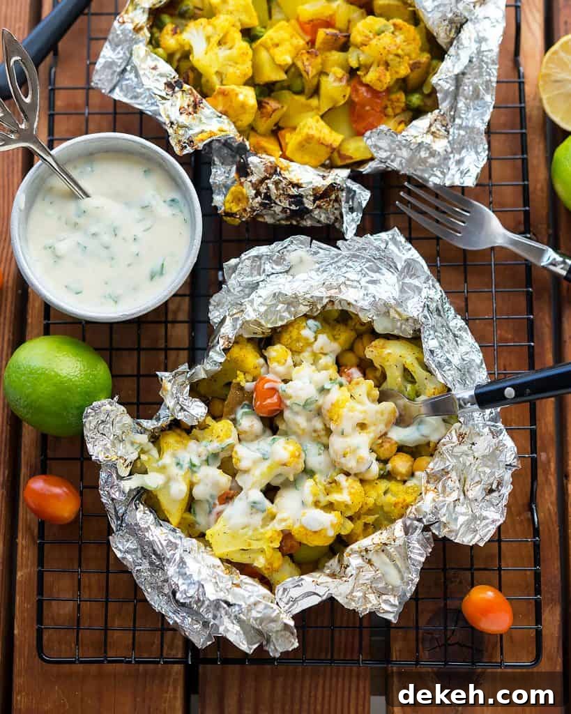 Grilled Cauliflower Curry Foil Packets with Yogurt Sauce 2 Cauliflower curry grill packets
