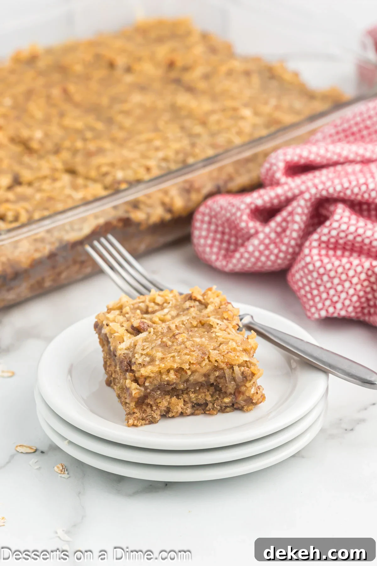 Moist Oatmeal Cake with Cinnamon Streusel 2 Slice of the best oatmeal cake on a plate.