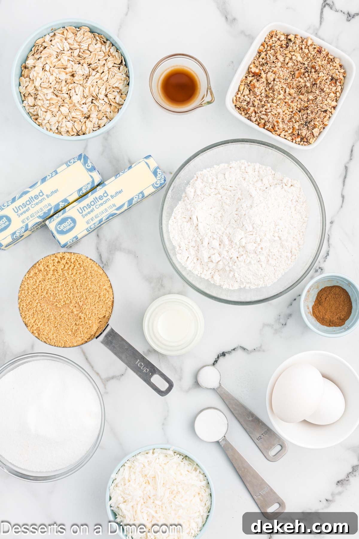 Moist Oatmeal Cake with Cinnamon Streusel 3 Ingredients for oatmeal cake and delicious topping: rolled oats, brown sugar, granulated sugar, flour, cinnamon, vanilla, milk, coconut, pecans and butter.