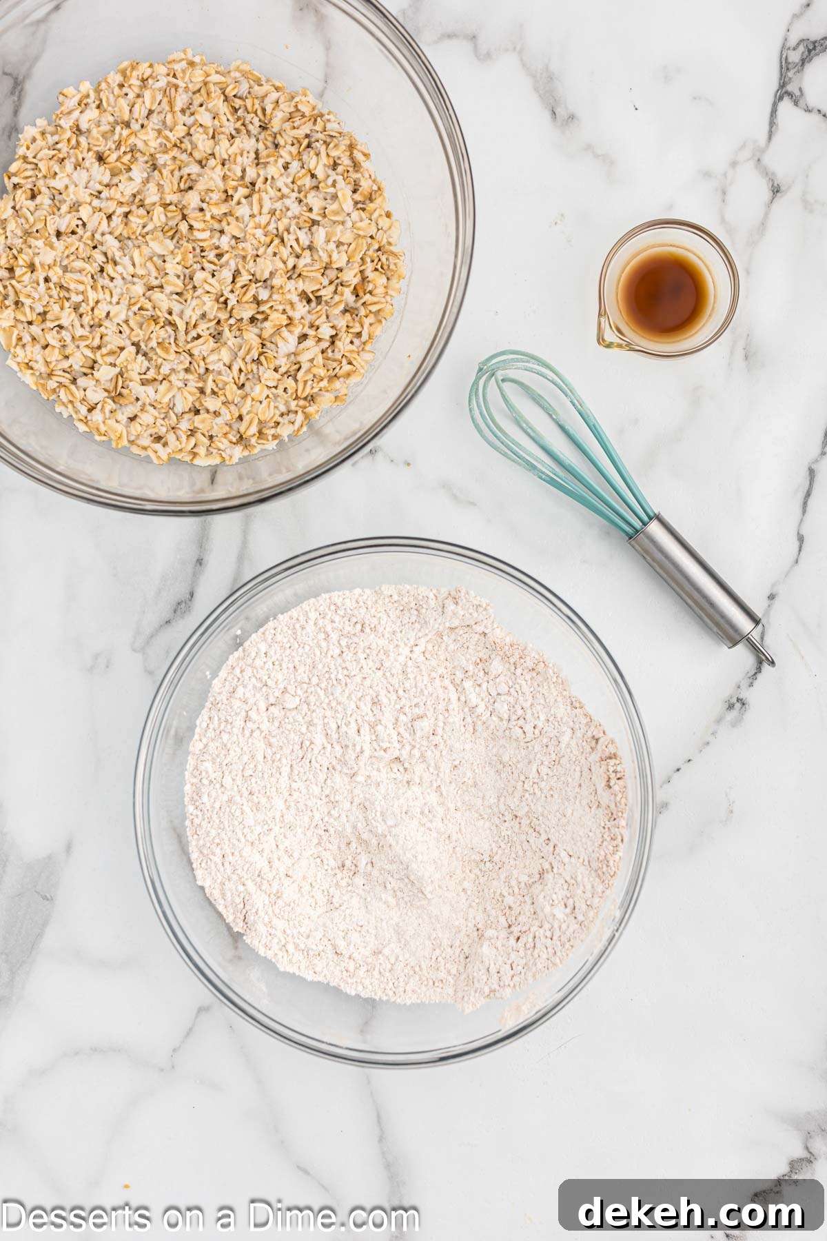 Moist Oatmeal Cake with Cinnamon Streusel 4 Bowl of flour mixture beside a bowl of oats.