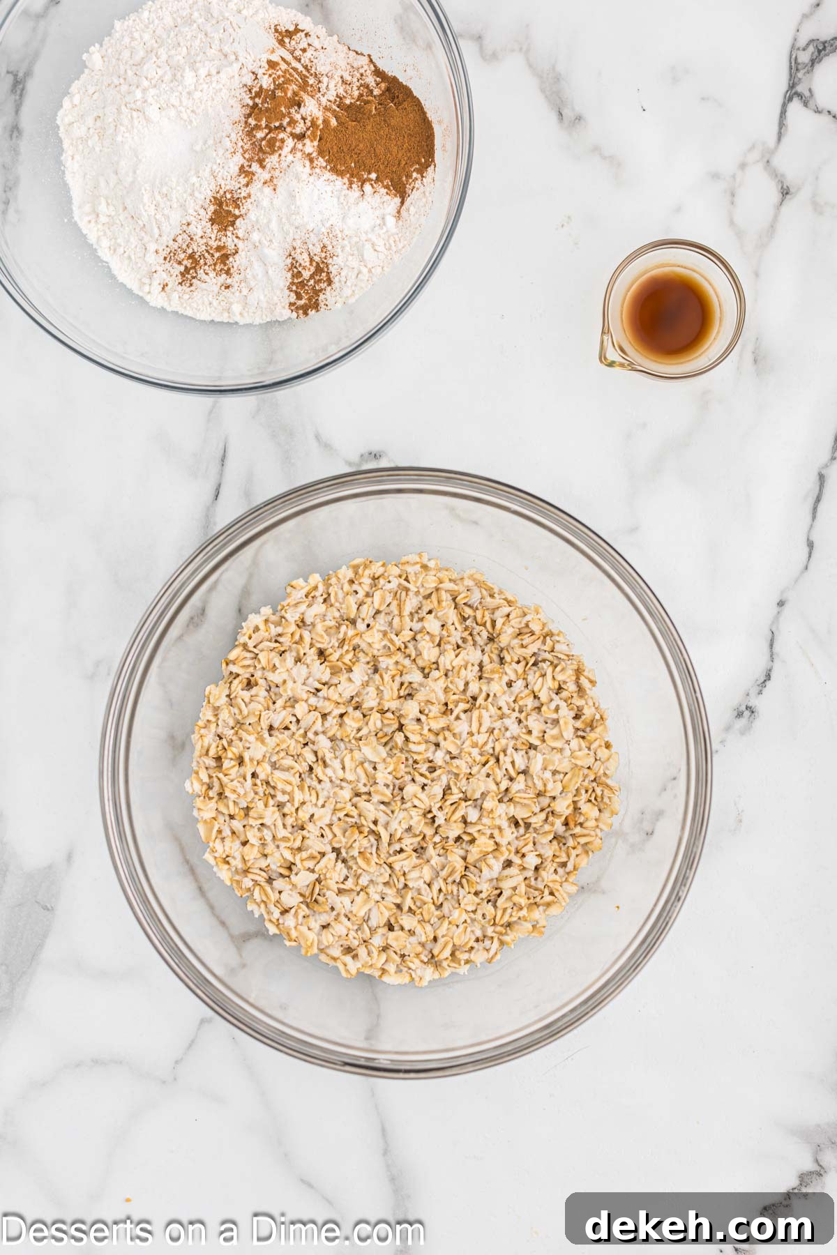 Moist Oatmeal Cake with Cinnamon Streusel 6 Bowl with oats and bowl with flour and cinnamon.