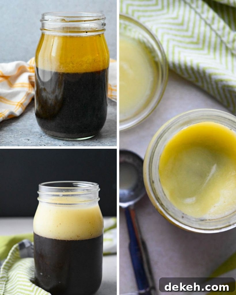 separating duck stock and duck fat in a jar for potted meat.