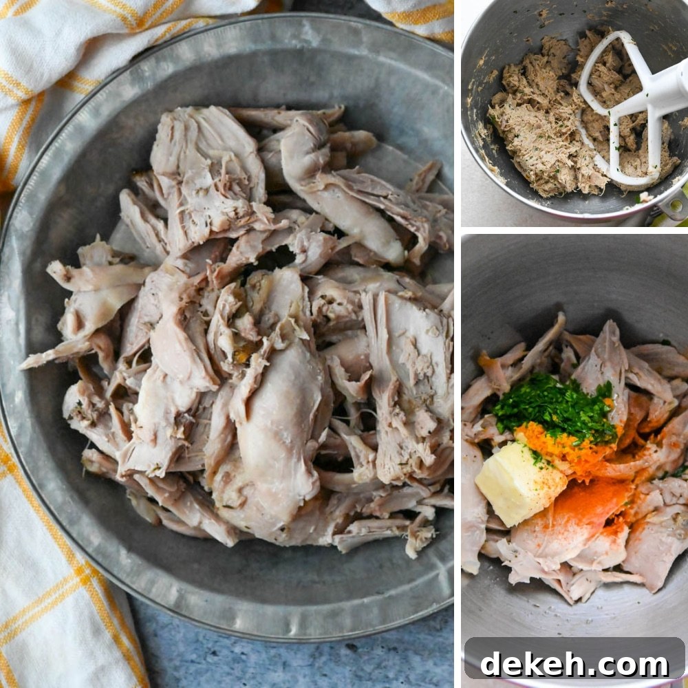 blending duck meat with aromatics and flavorings in the french duck recipe.