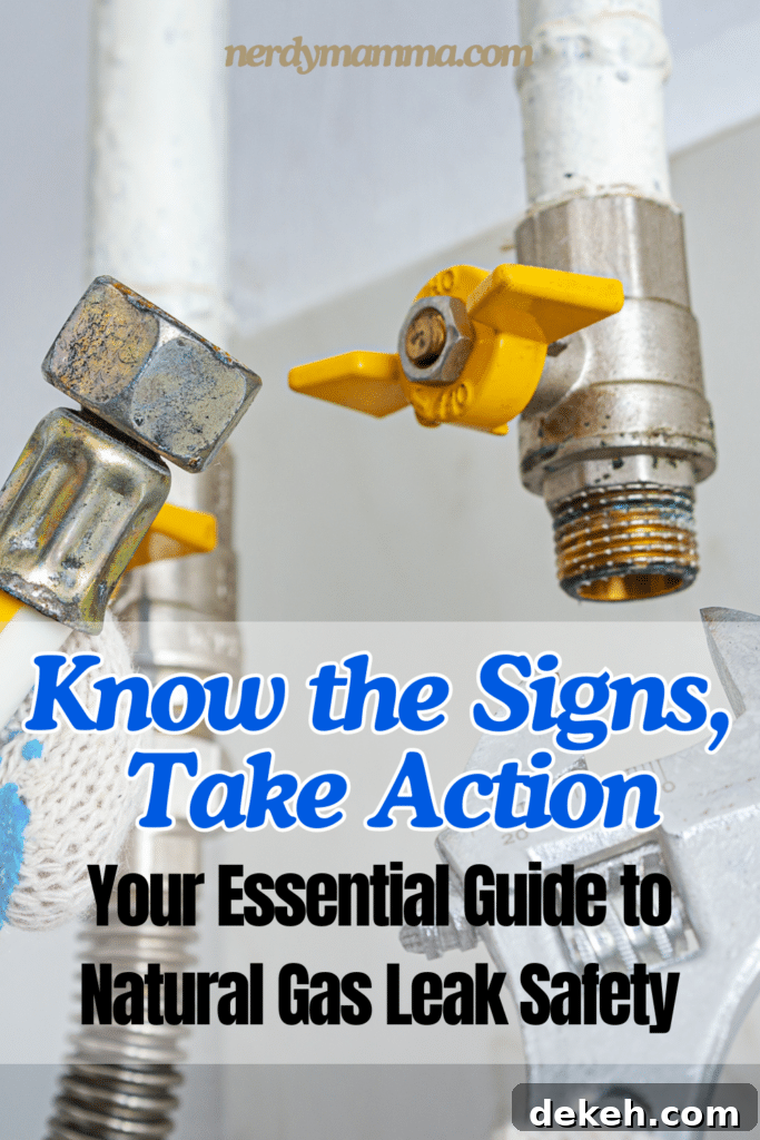 Natural Gas Leak Safety: Signs and What to Do 4 An image of a gas line being repaired with the text - Know the Signs, Take Action: Your Essential Guide to Natural Gas Leak Safety. The site's link is also included in the image.
