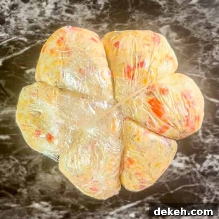 cheese ball wrapped in plastic wrap and rubber bands.