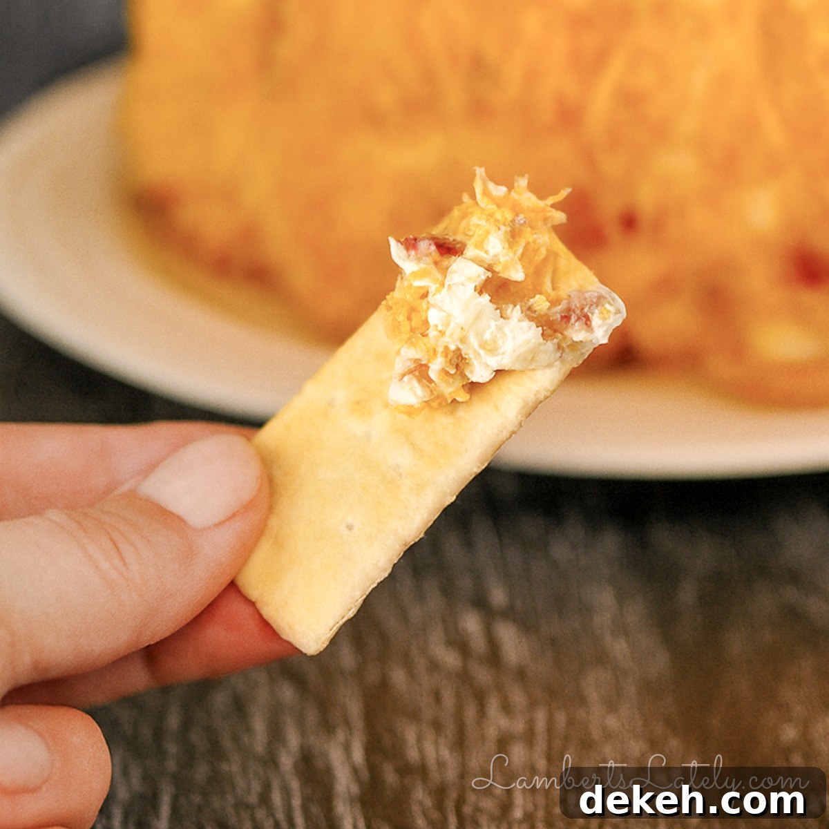 holding a bite of cheese ball mixture on a cracker.